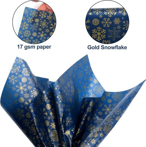 Bolsome 60 Sheets Snowflake Tissue Paper Bulk, Christmas Blue Gold Winter Gift Wrapping Tissue Paper Snowflake Wrapping Tissue Rustic Art Paper Crafts for Home DIY Gift Wrapping Decorations, 20 x 20 in Saudi Arabia