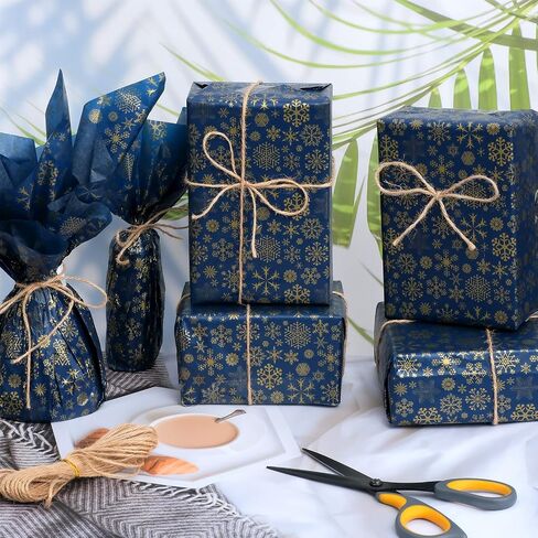 Bolsome 60 Sheets Snowflake Tissue Paper Bulk, Christmas Blue Gold Winter Gift Wrapping Tissue Paper Snowflake Wrapping Tissue Rustic Art Paper Crafts for Home DIY Gift Wrapping Decorations, 20 x 20 in Saudi Arabia