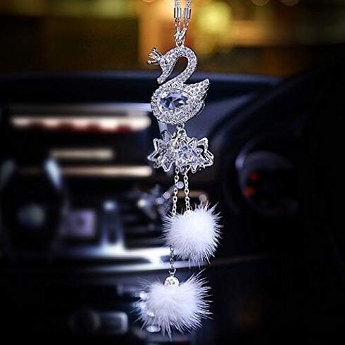 Bling Women and Man Crystal Ornaments Car Rear View Mirror Ornament Car Pendant Lucky Crystal Window Hanging Car Accessories Fox Hair with Crystal Diamonds Car Decoration (Swan Ball) in Saudi Arabia