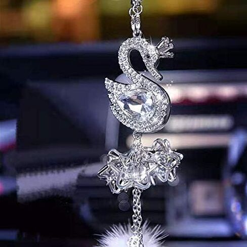 Bling Women and Man Crystal Ornaments Car Rear View Mirror Ornament Car Pendant Lucky Crystal Window Hanging Car Accessories Fox Hair with Crystal Diamonds Car Decoration (Swan Ball) in Saudi Arabia