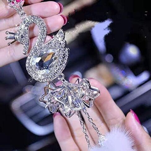 Bling Women and Man Crystal Ornaments Car Rear View Mirror Ornament Car Pendant Lucky Crystal Window Hanging Car Accessories Fox Hair with Crystal Diamonds Car Decoration (Swan Ball) in Saudi Arabia