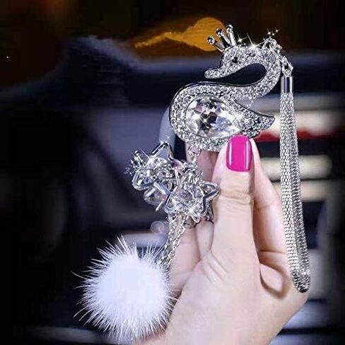 Bling Women and Man Crystal Ornaments Car Rear View Mirror Ornament Car Pendant Lucky Crystal Window Hanging Car Accessories Fox Hair with Crystal Diamonds Car Decoration (Swan Ball) in Saudi Arabia