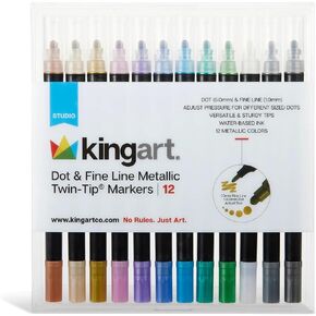 KINGART Studio Dot & Fine Twin-Tip Markers, Set of 12, Metallic Unique Colors