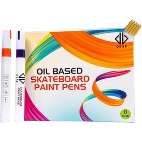 DEAF Oil-Based Skateboard Paint Pens - Skateboard Markers with Replaceable Nibs for Skateboard Decks, Scooters and Griptape, Custom Grip Tape -12 Colors - Medium Tip