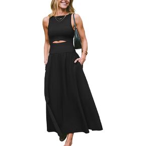 CUPSHE Summer Dress for Women 2024 Formal Sleeveless Round Neck Cutout Pockets Casual A Line Maxi Dress