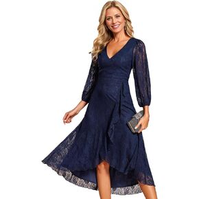 Ever-Pretty Women's Elegant V Neck Lace Long Sleeves A Line Ruffles Hem Midi Length Wedding Guest Dress 02238