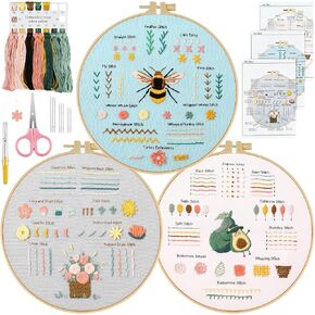 Embroidery Kits for Beginners, 3 Sets of Cross Stitch Kit, Embroidery Starter Kit for Adults, Includes Prints, Hoops, Thread, Needles, Embroidery Instructions