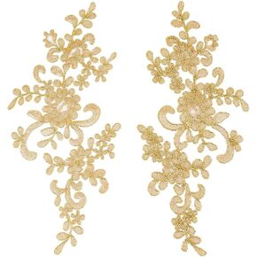 4Pcs Embroidery Lace Appliques Golden Leaf Flowers Garment Patches Dress Gown Sewing Decorations Polyester Ornament Accessories Appliques for Fabric DIY Crafting 229x102x1mm