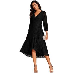 Ever-Pretty Women's Elegant V Neck Lace Long Sleeves A Line Ruffles Hem Midi Length Wedding Guest Dress 02238