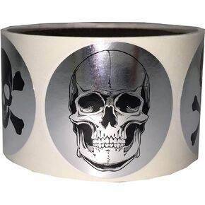 Silver Skull and Crossbones Circle Dot Stickers, 2 Inch Round, 100 Labels on a Roll