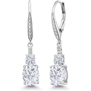Gem Stone King 925 Sterling Silver White Moissanite and White Lab Grown Diamond Dangle Earrings For Women (4.69 Cttw, Oval 9X7MM, Round 4MM)