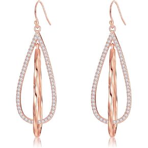 Rose Gold Earrings Sterling Silver Dangle Earrings for Women 14k Gold Plated Drop Earrings Trendy Crystal Teardrop Earrings Gifts for Women