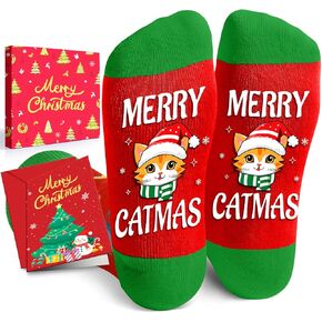 HAPPYPOP Christmas Gifts Stocking Socks for Cat Lovers - Christmas Socks for Teens Red Cat Mom Cat Dad Socks with Greeting Card