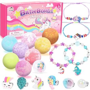Tacobear Kids Bath Bombs for Girls with Unicorn Necklace Bracelet Rings Jewelry Toys Natural Organic Handmade Bubble Bath Fizz Spa Bath Set for Birthday Children's Day Gifts