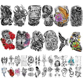 Full Arm Temporary Tattoos 8 Sheets and Half Arm Shoulder Waterproof Tattoos 8 Sheets, Extra Large Tattoo Stickers for Men and Women (22.83"X7.1")