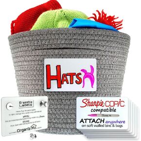 ERASABLE LABELS for Fabric Storage Bins, compatible with SHARPIE and any Alcohol Marker. ATTACH anywhere on fabric cubes, fabric woven baskets, cubbies & bags. MADE IN USA 10pc pack