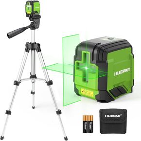 مستوى الليزر الذاتي التسوية مع حامل ثلاثي الأرجل، Huepar 98Ft Cross Line Laser Level Green Line Laser أداة قياس دقيقة للبلاط، تعليق الصور، مشروع البناء الداخلي، بطارية وحقيبة حمل متضمنة