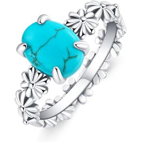 9x7MM Genuine Turquoise Stone Daisy Rings, Sterling Silver Nature Native American Western Jewelry Gemstone Ring for Women