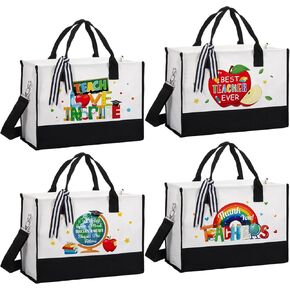 Capoda 4 Pcs Teacher Appreciation Gift Christmas Tote Bag for Teacher Best Teacher Ever Tote Bag Teacher Inspire Handbag Thank You Teacher Canvas Bag for Christmas Teacher Retirement Birthday Gift