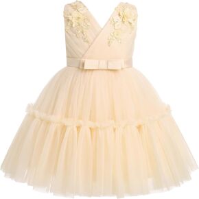 IBTOM CASTLE Flower Girls Dresses for Wedding Sleeveless V Neck Pleated Princess Ruffle Tulle Tutu Dress Birthday Party Dress