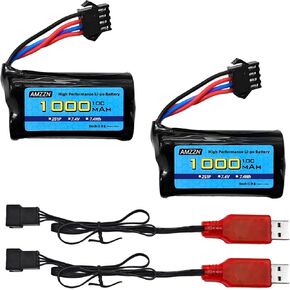 2PCS 7.4V 2S 1000mAh Lipo Battery SM-4P Plug with USB Charger for M416 Electric Gel Toy Gun Battery, DE85 EC16 RC Toy Car Model Off-Road Vehicle Battery (2PCS Battery+2 SUB)