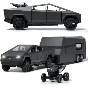 Cybertruck Toy Trucks Cyber Truck Toy Trucks with RV Motorcycle Cybertquad Alloy Die-cast Model Car Pickup Truck 1/32 Race Cars with Sound and Light Ideal Gift for Kids, Black