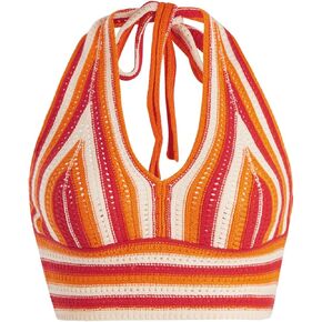 Verdusa Women's Striped Colorblock Tie Backless V Neck Knitted Crop Halter Top