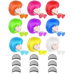 9 Pack Colored Wigs, Funky Colorful Wigs, Short Bob Hair Wigs, Neon Party Wigs, Cosplay Wigs with Rimless Heart Shape Sunglasses - One Size for All Women Kids & Adults Halloween Costume Night Club
