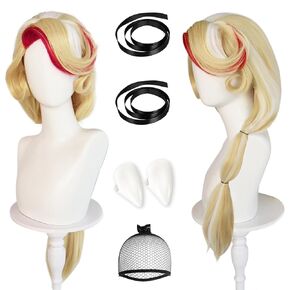 BESTBEL+Hair Cap+2 Ribbons+2 Fangs Long Blonde Wig for Women Long Straight Wig blonde Anime Wig for Halloween Cosplay Womens Cosplay Outfit Wig Synthetic Wig for Costume Party