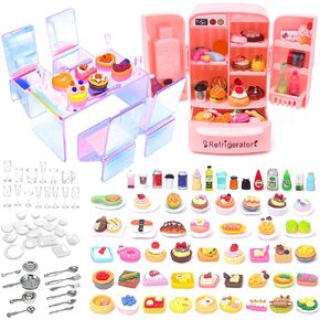 Dollhouse Refrigerator Mini Fridge Table Dining Food Set Kitchen Furniture Miniatures Party Fruits Juice Milk Desserts Drink Cake Pretend Play Game for Children