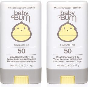 Baby Bum Mineral Sunscreen Face Stick - SPF 50 - UVA,UVB Face and Body Protection - Fragrance Free Safe for Sensitive Skin- Travel Size 0.45 Ounce (Pack of 2)
