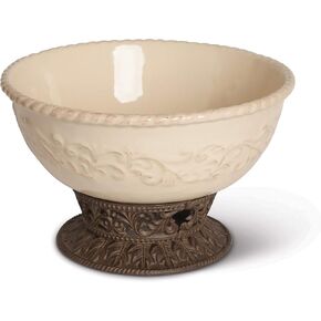 Detailed Embossed Cream Ceramic 12-Inch Dia. Bowl With Beautiful Acanthus Leaf Scrolled Metal Base