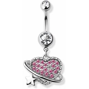 Pierced Owl 14GA 316L Stainless Steel Pink CZ Crystal Paved Orbiting Heart Dangling Belly Button Ring