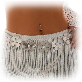 Silver/Gold Flower Waist Chain Belt Summer Beach Pearl Body Chain Sexy Pearl Belly Body Chain Belt Outfit Dress Metal Waist Belt Jewelry for Women