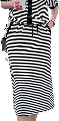 Avanova المرأة مخطط الرباط البلوز ميدي تنورة جيب عارضة تنورة طويلة in Kuwait