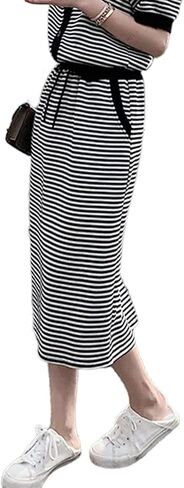 Avanova المرأة مخطط الرباط البلوز ميدي تنورة جيب عارضة تنورة طويلة in Kuwait