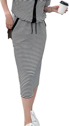 Avanova المرأة مخطط الرباط البلوز ميدي تنورة جيب عارضة تنورة طويلة in Kuwait