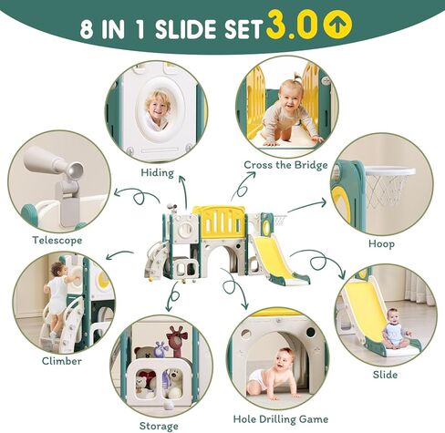 مجموعة شرائح 8 في 1 للأطفال الصغار، شريحة أطفال للأطفال الصغار بعمر 1+، مجموعة لعب منزلق متسلق للأطفال الصغار مع طوق كرة السلة، ملعب داخلي خارجي للأطفال الصغار 1-3 مطورة in Kuwait