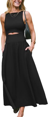 CUPSHE Summer Dress for Women 2024 Formal Sleeveless Round Neck Cutout Pockets Casual A Line Maxi Dress in Saudi Arabia