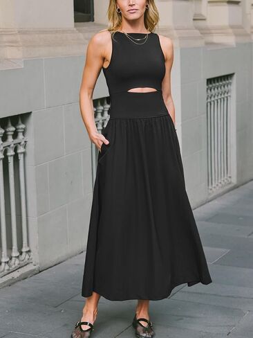 CUPSHE Summer Dress for Women 2024 Formal Sleeveless Round Neck Cutout Pockets Casual A Line Maxi Dress in Saudi Arabia