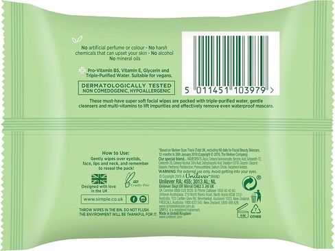 Simple Kind to Skin Facial Wipes, Cleansing 25 ct, Twin Pack in Kuwait