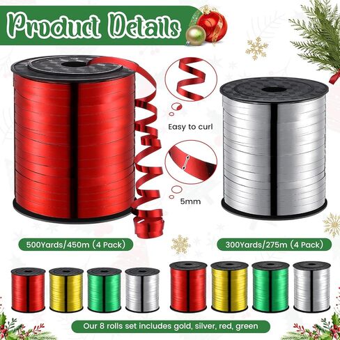 8 Roll Curling Ribbon Christmas Metallic Ribbon 3200 Yards Shiny Xmas Curly Gold Silver Red Green Ribbon for Gift Wrapping Balloon Rope Christmas New Year Wedding Birthday Party Decoration in Saudi Arabia