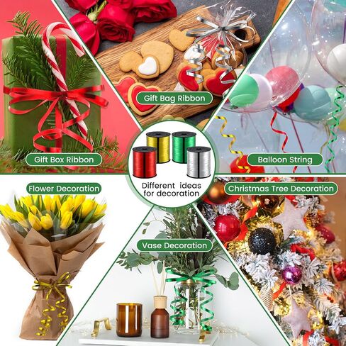 8 Roll Curling Ribbon Christmas Metallic Ribbon 3200 Yards Shiny Xmas Curly Gold Silver Red Green Ribbon for Gift Wrapping Balloon Rope Christmas New Year Wedding Birthday Party Decoration in Saudi Arabia
