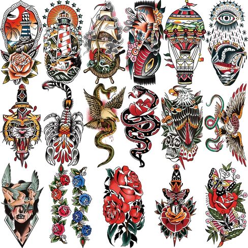 Yazhiji 49 sheets Large Flowers Skull Waterproof Temporary Tattoos for Women and Girls, Realistic Tiger Wolf Bird Temporary Fake Tattoo for Kids or Adults in Saudi Arabia
