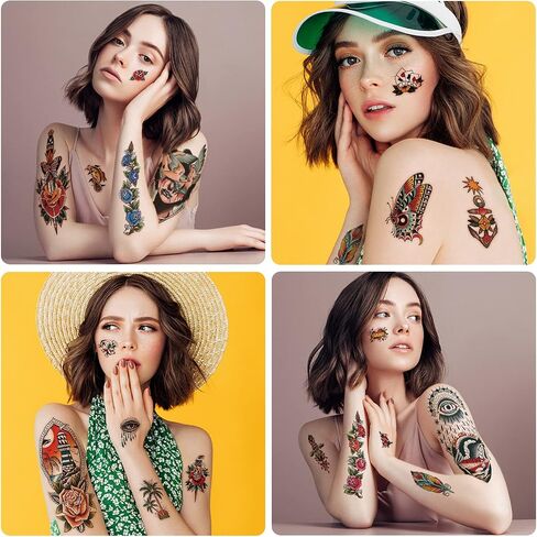 Yazhiji 49 sheets Large Flowers Skull Waterproof Temporary Tattoos for Women and Girls, Realistic Tiger Wolf Bird Temporary Fake Tattoo for Kids or Adults in Saudi Arabia