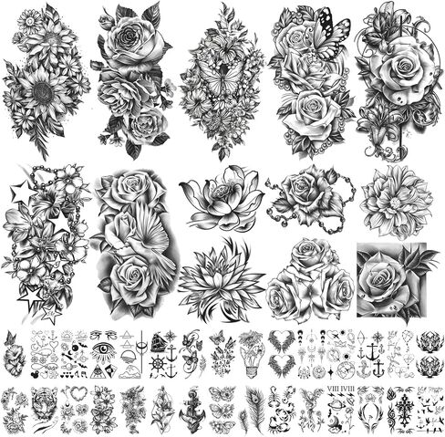 Yazhiji 49 sheets Large Flowers Skull Waterproof Temporary Tattoos for Women and Girls, Realistic Tiger Wolf Bird Temporary Fake Tattoo for Kids or Adults in Saudi Arabia