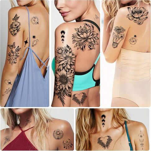 Yazhiji 49 sheets Large Flowers Skull Waterproof Temporary Tattoos for Women and Girls, Realistic Tiger Wolf Bird Temporary Fake Tattoo for Kids or Adults in Saudi Arabia