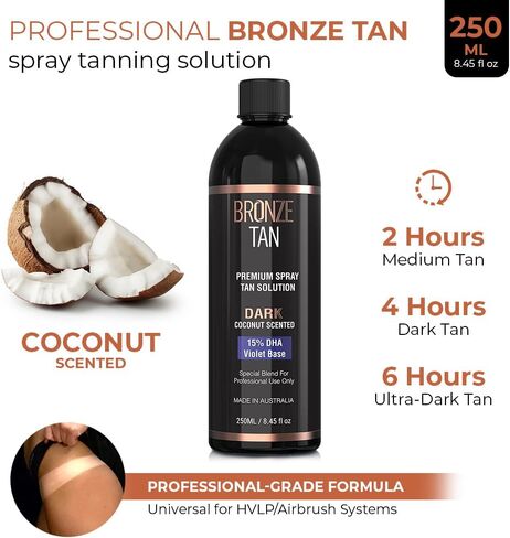 Bronze Tan Spray Tan Solution Professional Tanning Solution for Spray Tan Machine - Coconut Scented Sunless Tanning Solution Dark for Airbrush Tan (250ml / 8.45fl oz) in Saudi Arabia