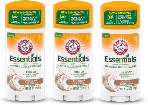 ARM & HAMMER Essentials Deodorant - Made with Natural Deodorizers - Coconut Geranium - Free From Aluminum, Parabens & Phthalates, 2.5 oz (Pack of 2) in Saudi Arabia