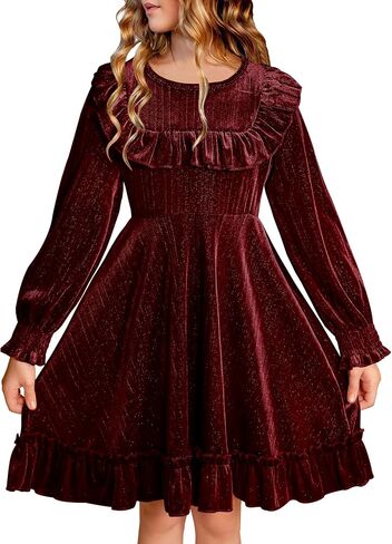 BesserBay Girls Glitter Fall Puff Long Sleeve Ruffle Crewneck Twirly Dress Midi Dress 5-14 Years in Kuwait